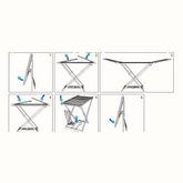 Ilustração de um estendal de roupa IPAE PROGARDEN em plástico preto, com estrutura dobrável em formato de X e hastes horizontais para suporte das peças. Exibido em ambiente externo.